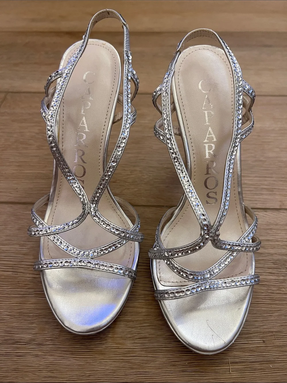 Caparros Silver Metallic Stiletto Slingback Heels Sequin Strap 7